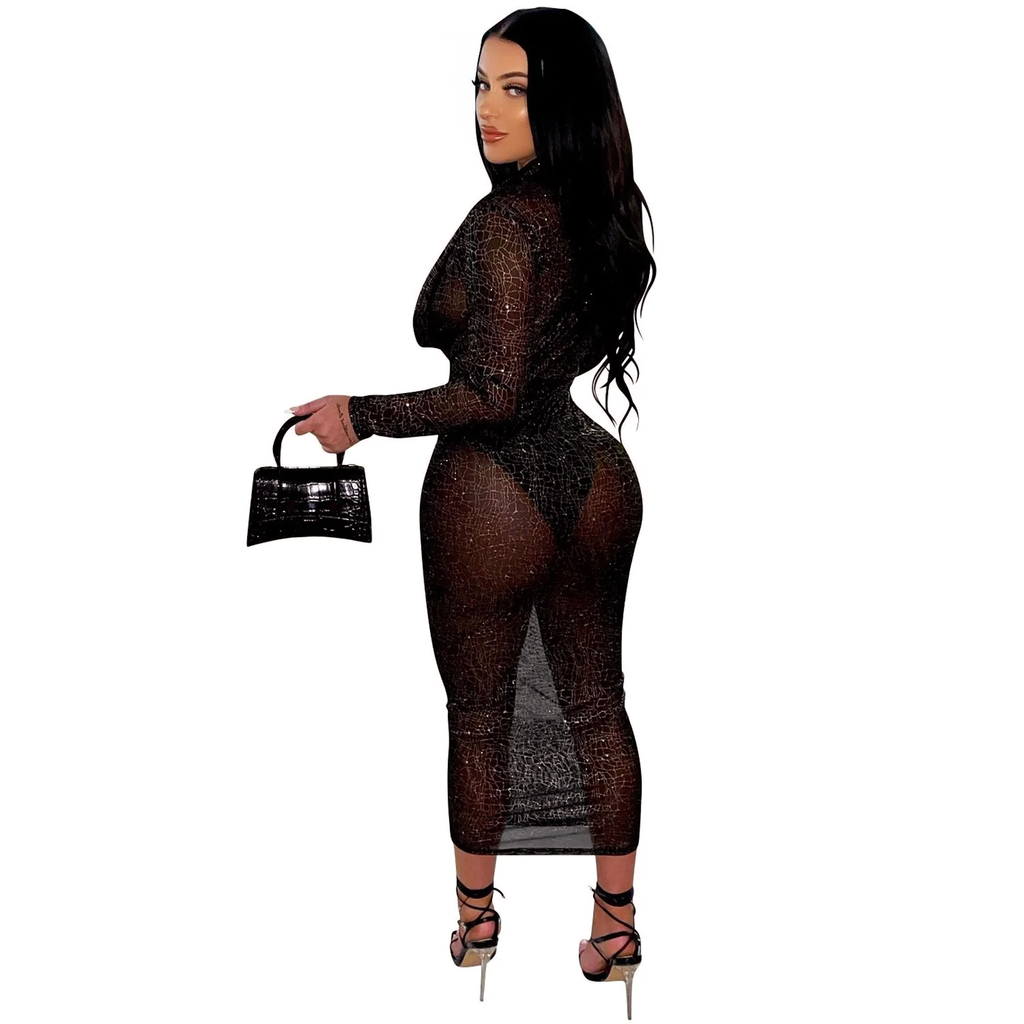 Julia Fashion - Sexy Deep V Long Sleeve Midi Dress