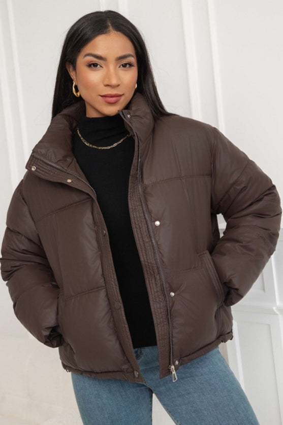 Cropped Stand Collar Puffer Jacket S / Brown