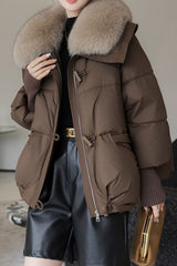 Plush Lapel Cropped Puffer Jacket M / Brown