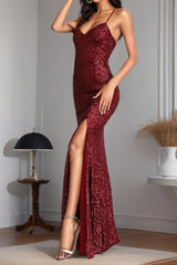 Sequin Slit Spaghetti Strap Formal Dress XS / Red