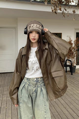 Short Length Oversized Moto Jacket M / Brown