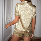 JuliaFashion-Casual Satin Silk Solid Color Pajamas Set