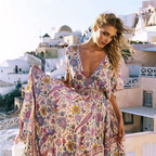 JuliaFashion - Wild Peacock & Flowers V-Neck Maxi Dress