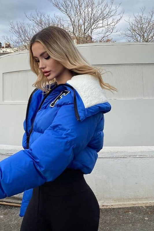 Polar Fleece Patchwork Faux Fur Collar Puffer Jacket