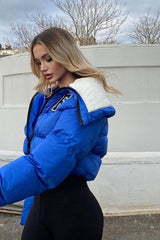 Polar Fleece Patchwork Faux Fur Collar Puffer Jacket