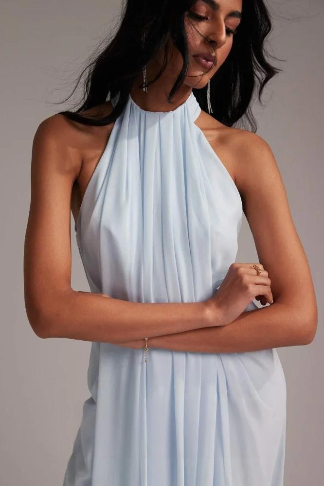 Elegant Halter Light Blue Maxi Party Dress
