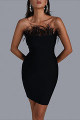 Black Feather Strapless Bandage Party Dress XS / Black