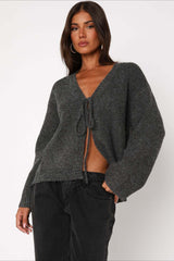 V Neck Tie Front Knit Cardigan Sweater Grey / S