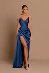 Satin Deep V Corset Slit Formal Dress XS / Navy blue