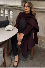 Elegant Scarf Collar Long Solid Overcoat