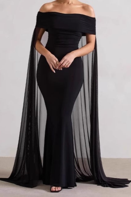 Strapless Cape Long Formal Dress XS / Black
