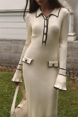 Ruffled Knit Collared Fitted Sweater Dress