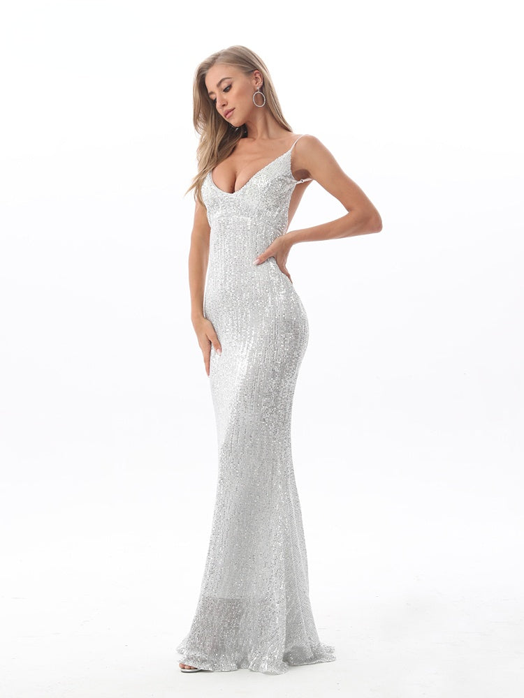 JuliaFashion - Sequined Evening Backless Deep V-Neck Wedding Dress