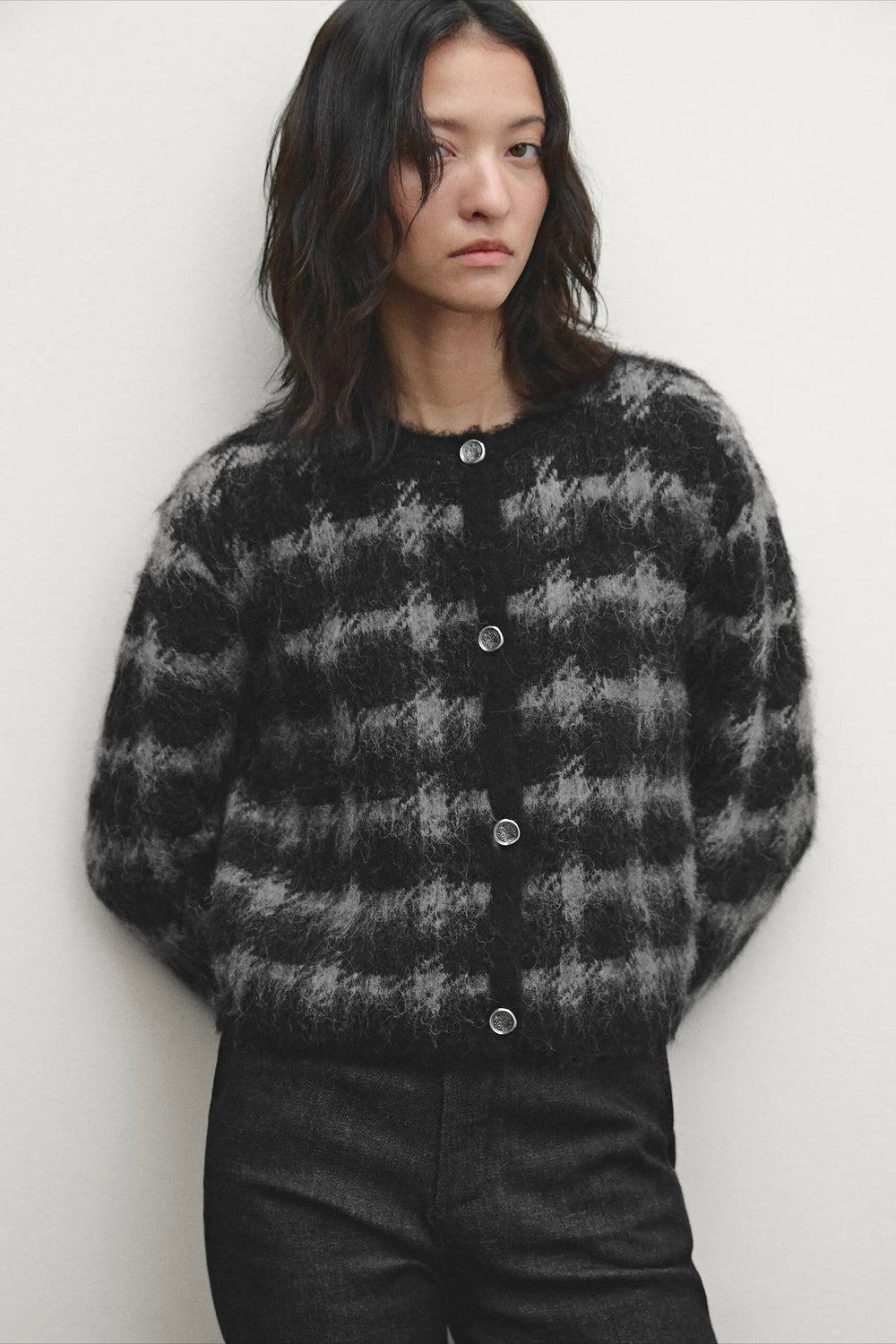 Casual Gray Plaid Knit Cardigan