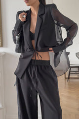 Mesh Tie Waist Wide Leg Pants Blazer