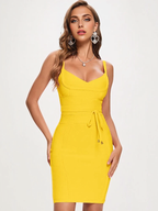 JuliaFashion - Spaghetti Strap Belt Sashes V-Neck Bodycon Dresses