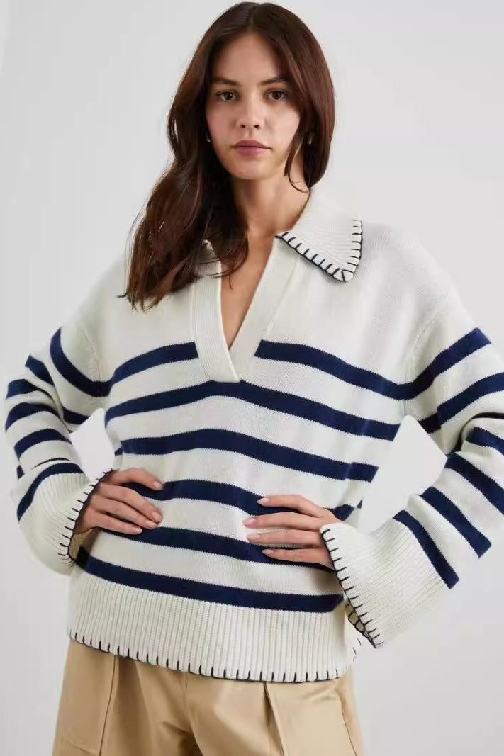 Striped Color Block Polo Sweater Blue / S