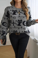 Black Cat Moon Jacquard Knit Sweater Grey / L
