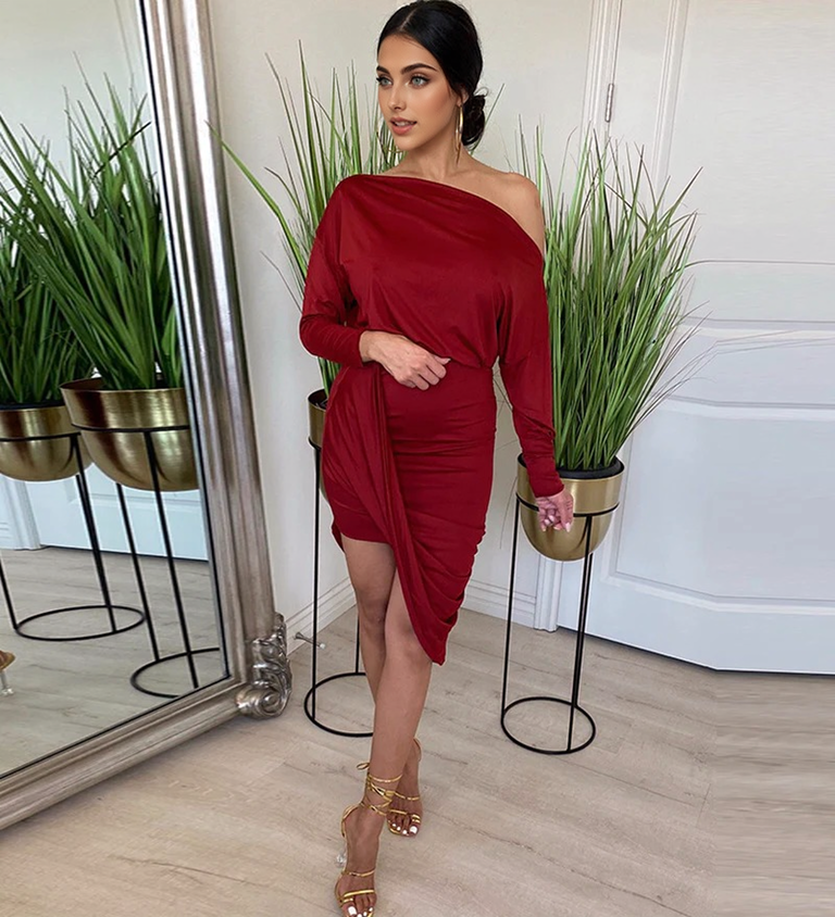 Julia Fashion - Long Sleeve Ruched Party Dress