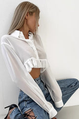 White Cropped Chiffon Ruffle Blouse