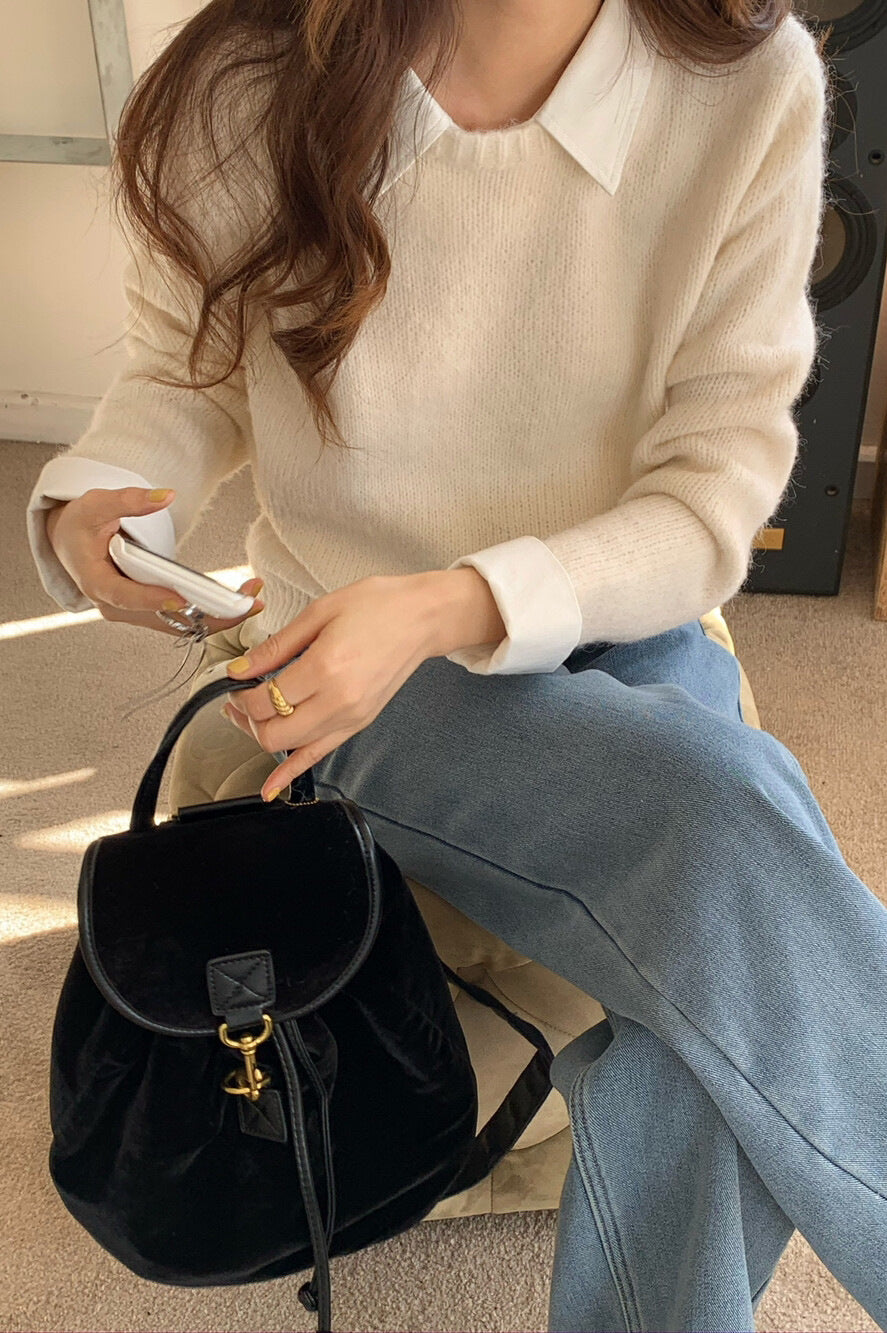 Layered Look Collared Knit Sweater White / One Size