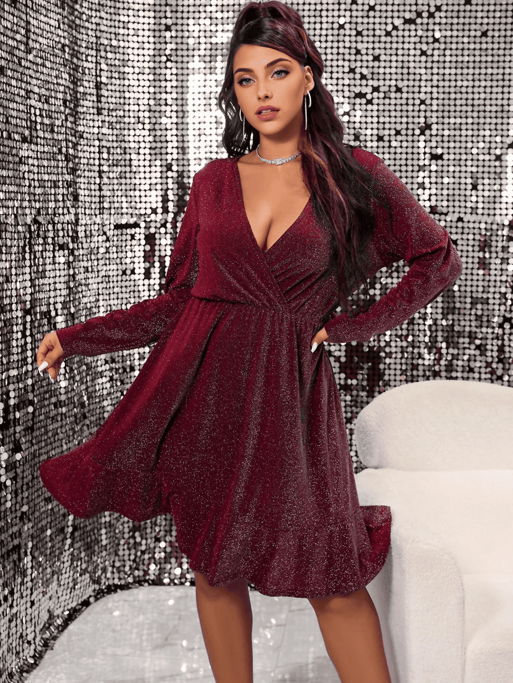 JuliaFashion - Sexy Curve V-Neck Long Sleeve Evening Party Dress