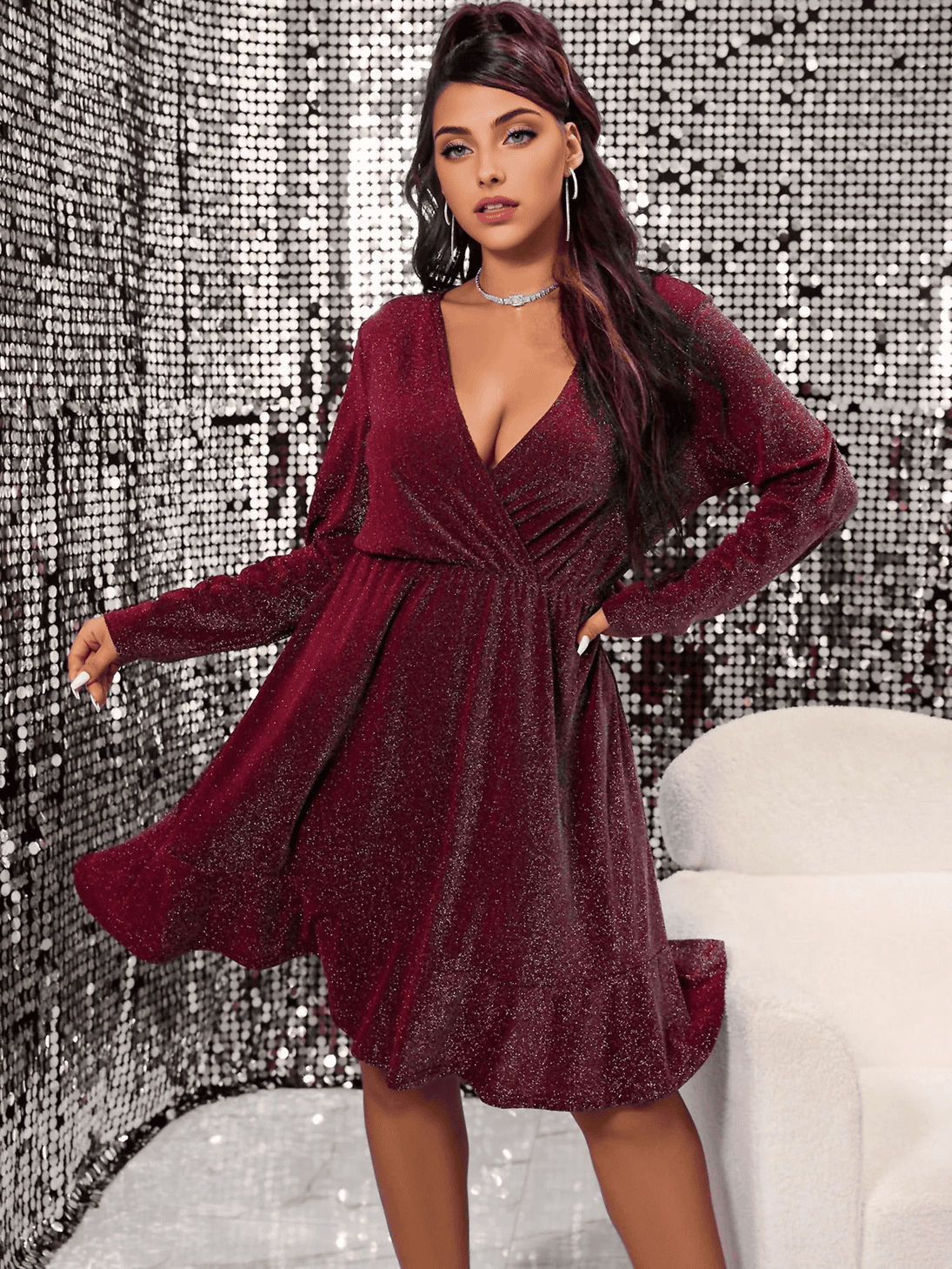 JuliaFashion - Sexy Curve V-Neck Long Sleeve Evening Party Dress