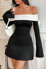 Flare Sleeve Color Block Cocktail Dress S / Black