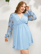 JuliaFashion - 2024 Puff Sleeve Floral Print V-neck Curved Hem Dresses