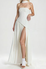 Solid Bustier High Slit Formal Dress S / White