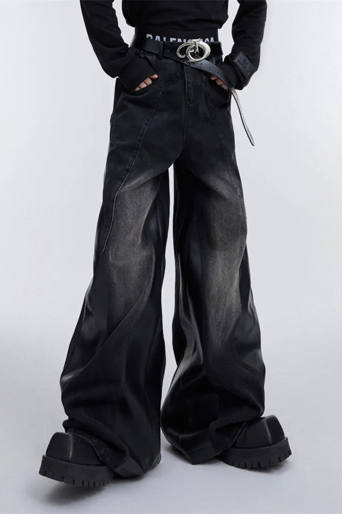 Wide Leg PU Leather Patchwork Jeans Black / M