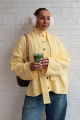 Yellow Ribbed Round Neck Knit Cardigan