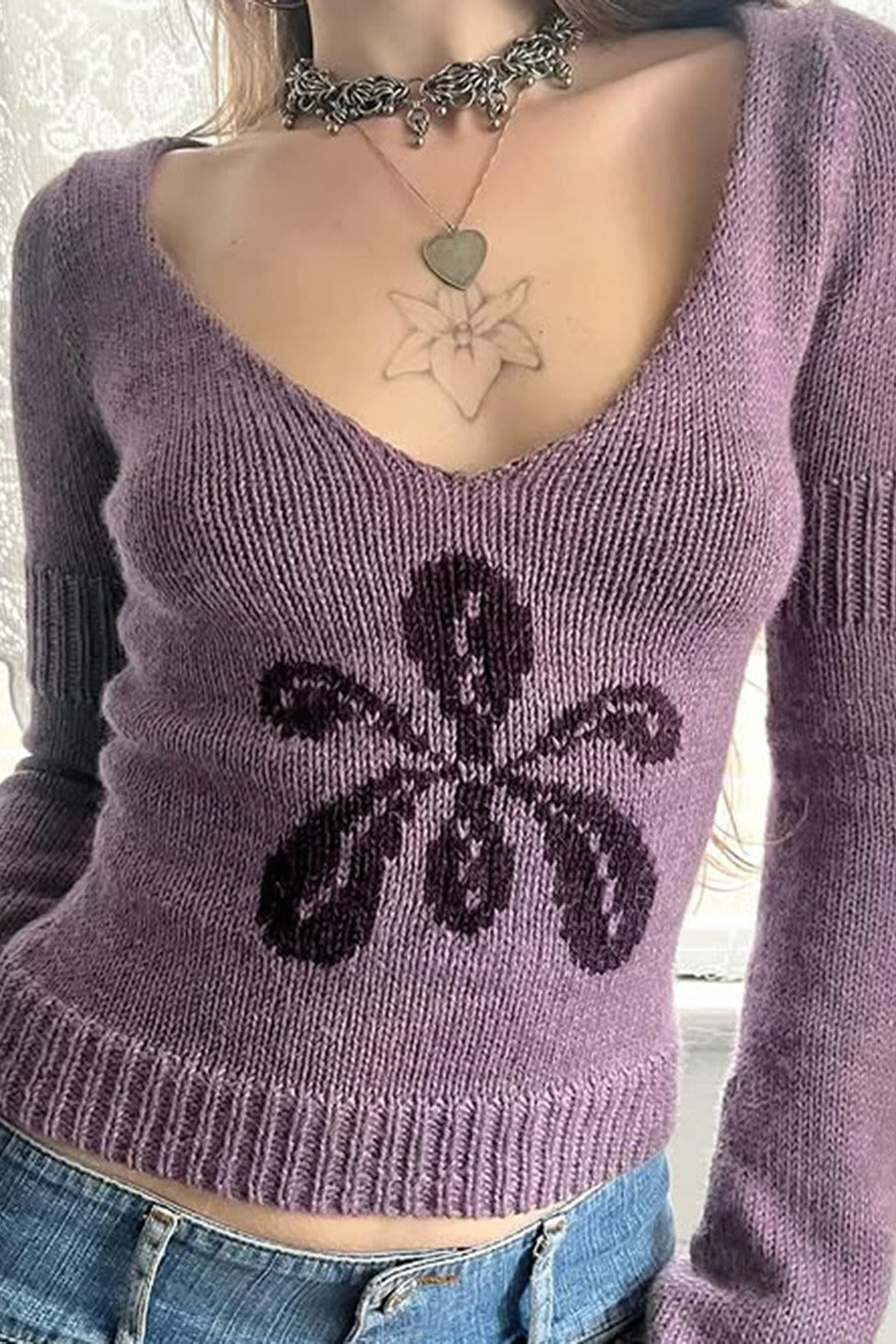 V Neck Floral Jacquard Sweater