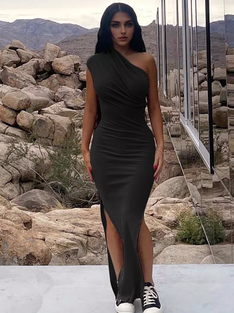 Julia Fashion - Sexy Slant Shoulder Sleeveless Bodycon Maxi Dress