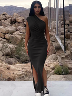 Julia Fashion - Sexy Slant Shoulder Sleeveless Bodycon Maxi Dress