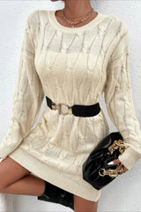 Solid Color Long Sleeve Cable Knit Sweater Dress S / Beige