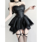 90s Waist Hollow Corset Mini Black High Vintage Party Lace up Gothic Out Dress