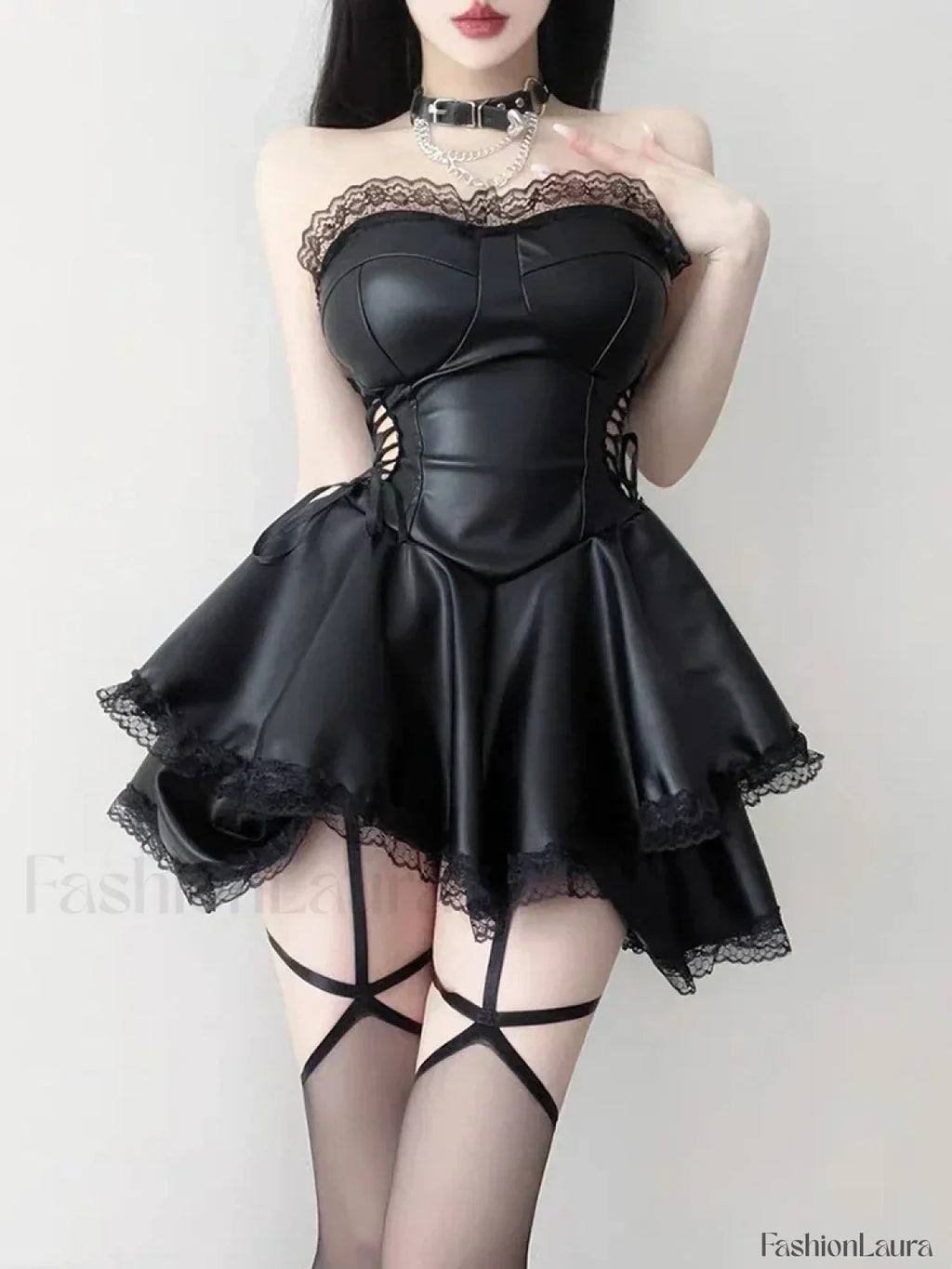 90s Waist Hollow Corset Mini Black High Vintage Party Lace up Gothic Out Dress