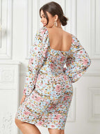 JuliaFashion-Long Puff Sleeve Square Neck Print Mini Sundress