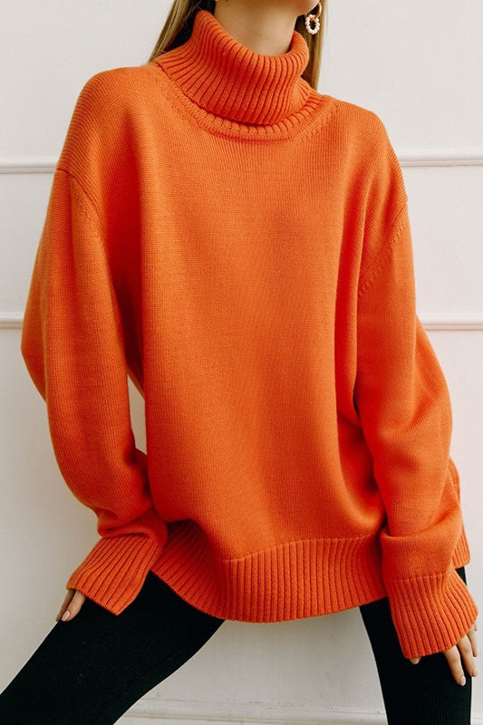 Turtleneck Loose Knit Pullover Sweater Orange / S