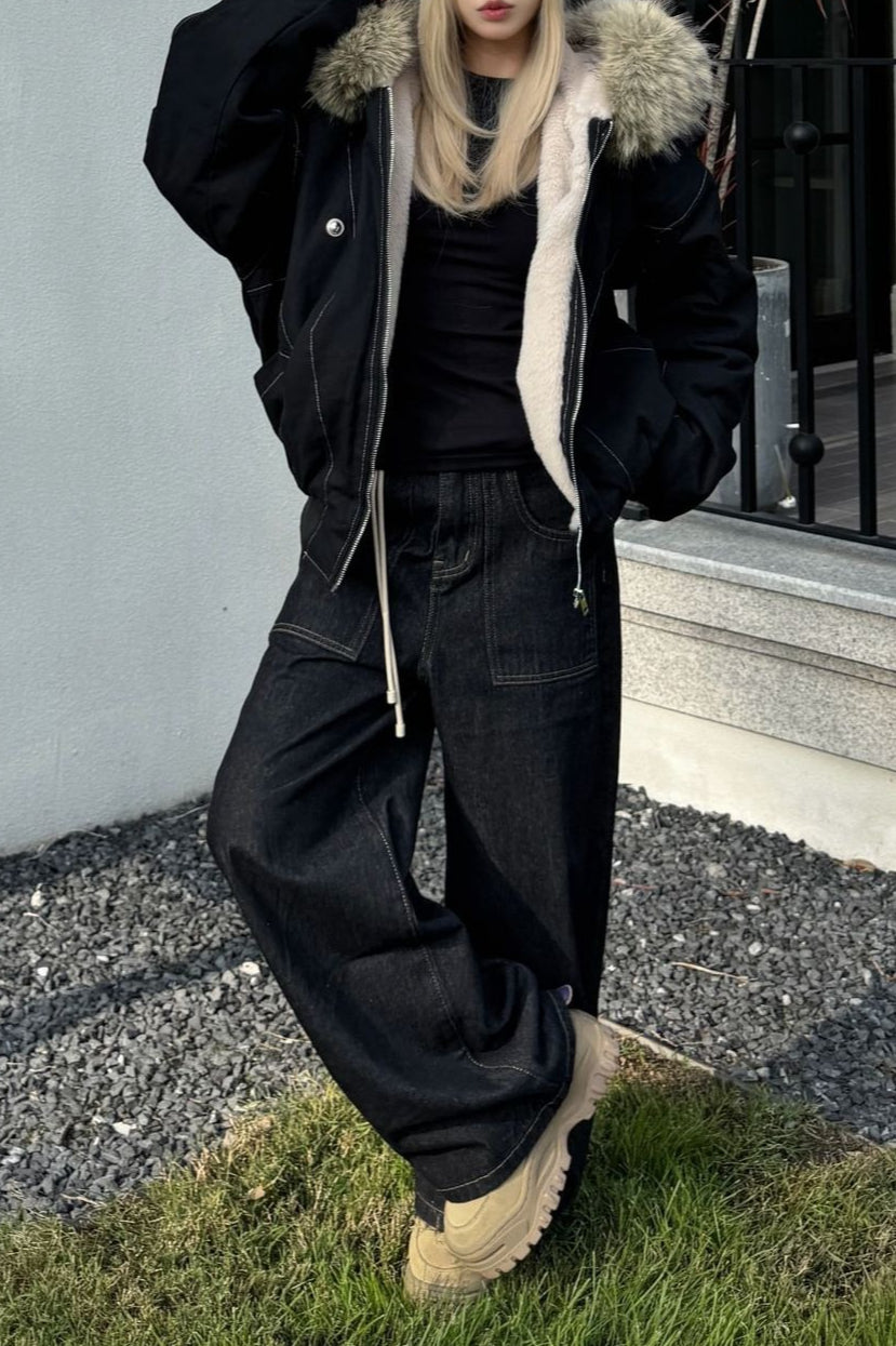 Black Short Puffer Fur Collar Jacket