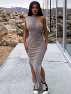 Julia Fashion - Sexy Slant Shoulder Sleeveless Bodycon Maxi Dress