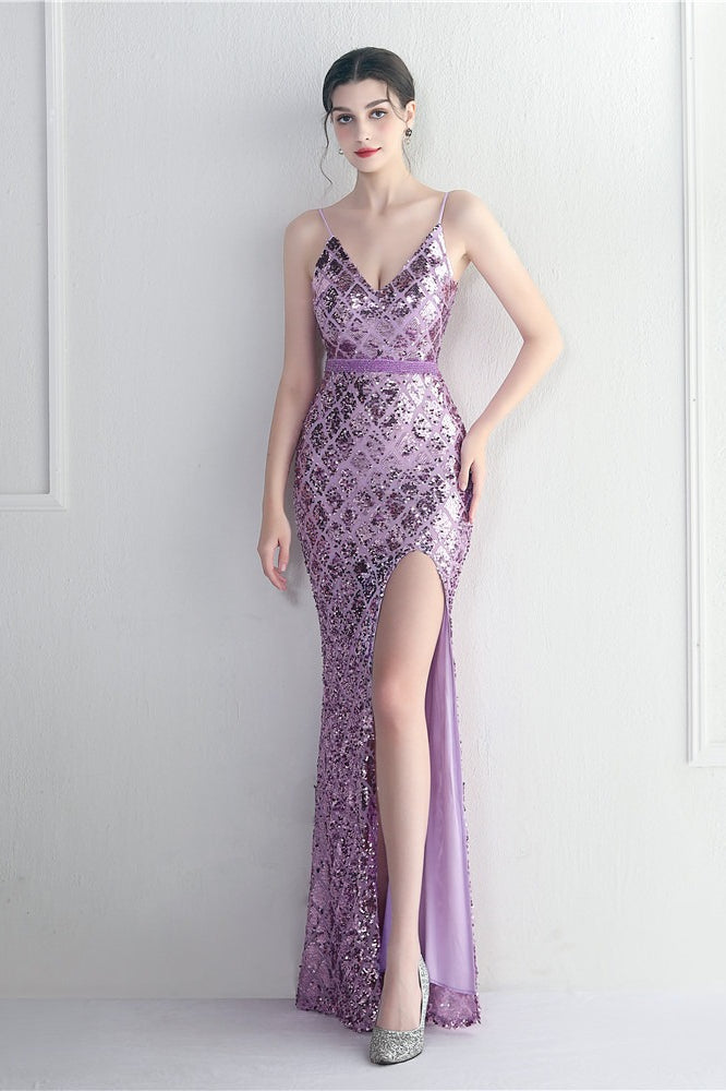 Iridescent Sequin Slit Bodycon Maxi Dress