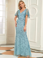 JuliaFashion - JuliaFashion-Elegant Evening Dresses Long Lace V-neck Mermaid Short Slee Dress