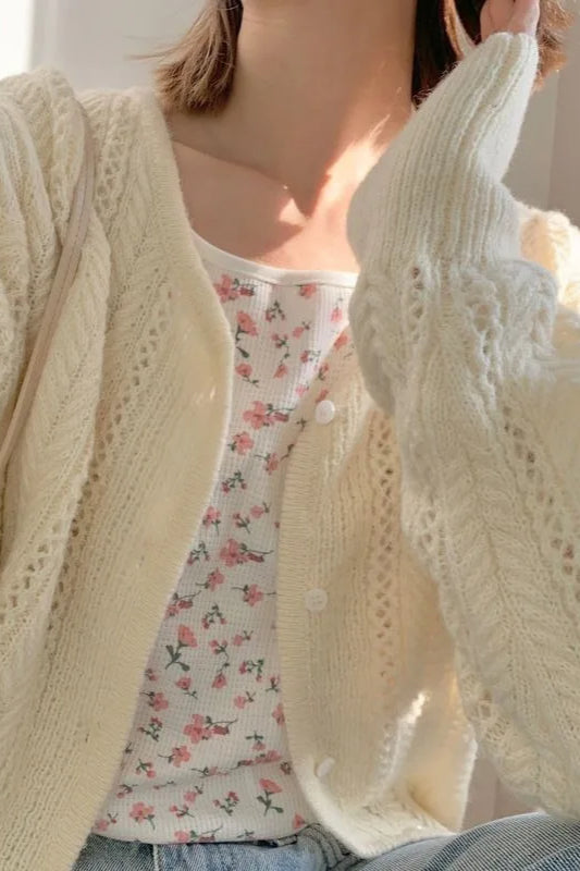 Lightweight Hollow Knit Vest Cardigan Beige / One Size