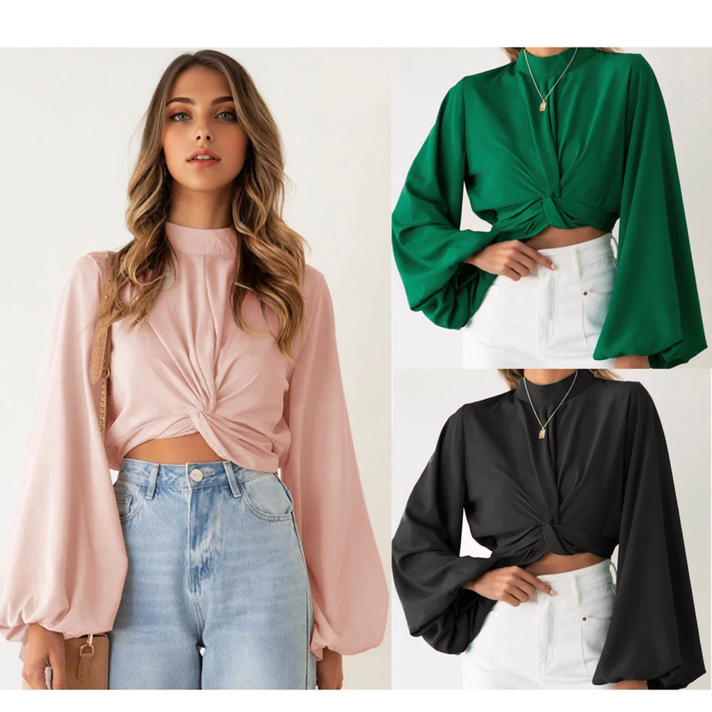 Julia Fashion - Women Long Lantern Sleeve Solid Color Sexy Crop Tops
