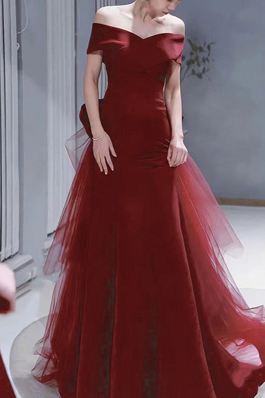 Elegant Wine Off Shoulder Sheath Formal Dress XS / Red