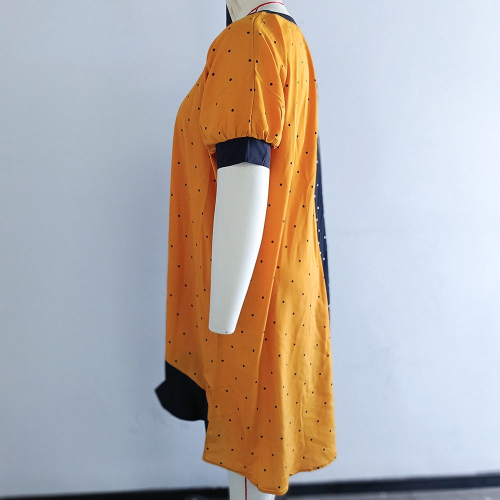 JuliaFashion-Contrast Color Round Neck Dot Ruffle Hem Dresses