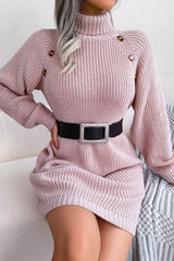 Long Sleeve Button Knit Sweater Dress S / Pink