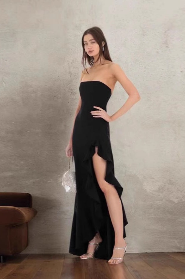 Ruffled Bustier Side Slit Formal Dress